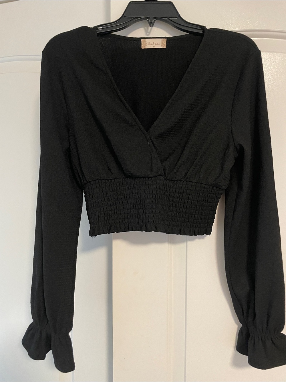 Altar'd State Black Smocked-Waist Long Sleeve Crop Top